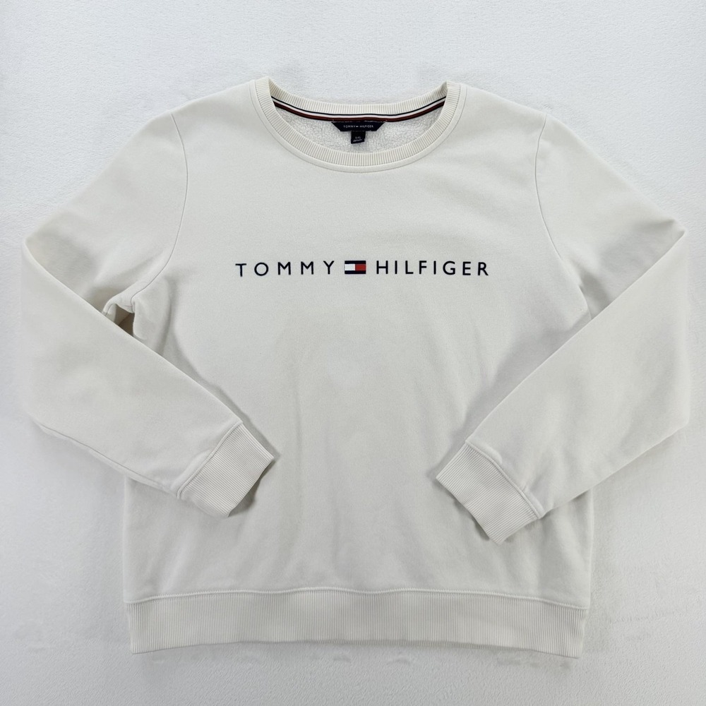 Tommy Hilfiger Sweatshirt Womens Large White Crewneck Fleece Pullover Logo